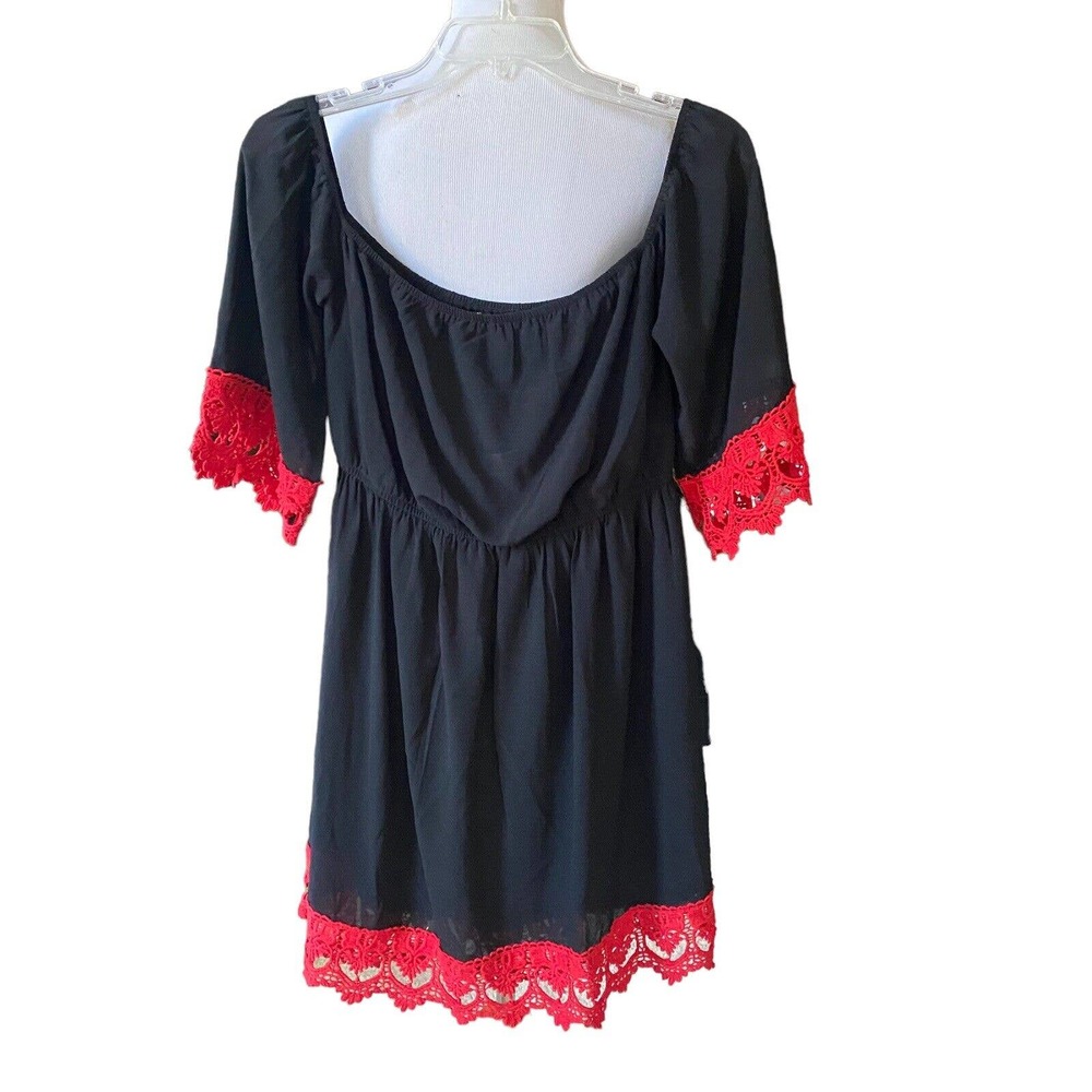 Umgee Womens Size M Off The Shoulder Black Dress Red Crochet Lined AA107-3